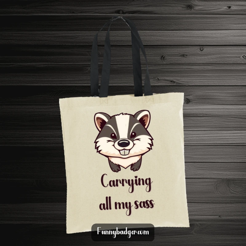 Funny Badger Tote Bag displaying a stylized badger's head with a wicked grin and large ears, ideal for shopping with a humorous touch.