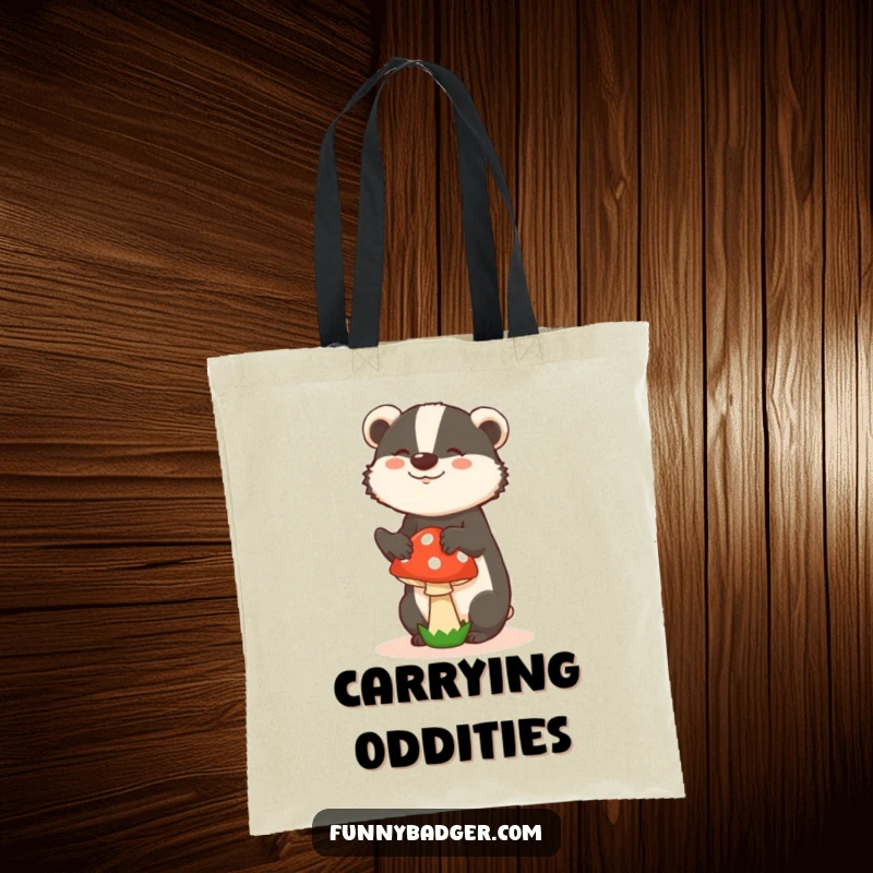 Funny tote bag with a badger in a silly pose, trying to balance a mushroom, perfect for carrying daily items with humor.