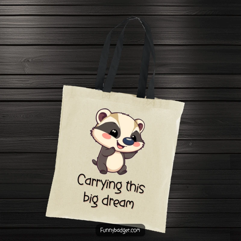 Funny tote bag featuring a smiling badger balancing a comically large ball on its nose, ideal for shopping or carrying daily items.