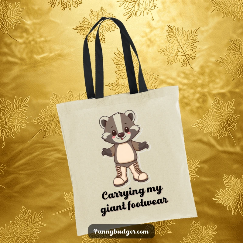 Funny Badger Tote Bag showing a badger character happily stomping in oversized boots, ideal for carrying items with a humorous, joyful flair.