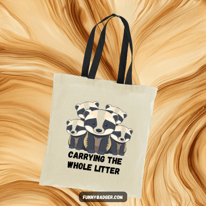 Funny Badger Cubs Tote Bag showcasing abstract, rounded shapes of cute badger cubs peeking out, ideal for carrying items with charm.