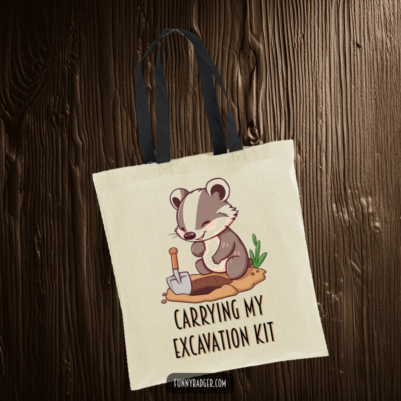 Funny Badger Tote Bag showing an eager badger character digging with a tiny shovel, designed for carrying items with humorous enthusiasm.