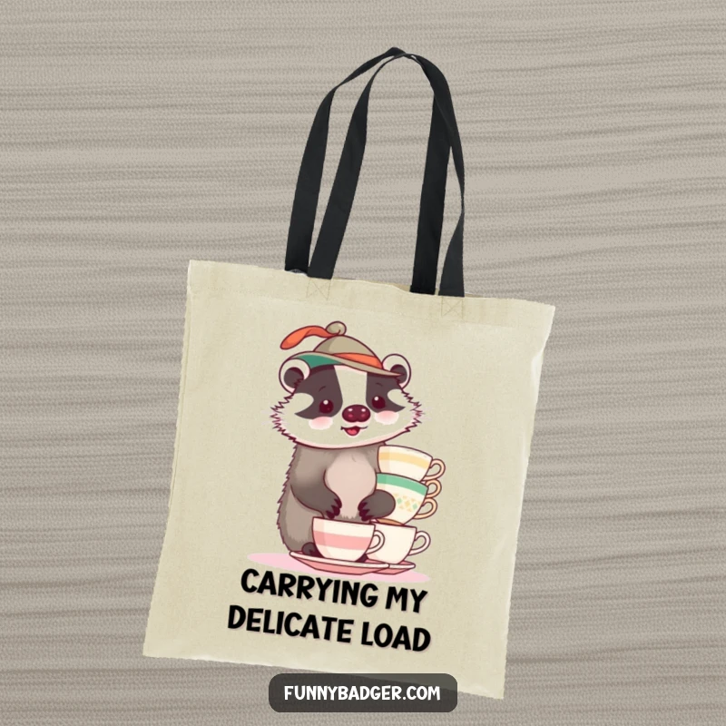 A plump badger wearing a funny hat, attempting to balance teacups, featured on a humorous tote bag.