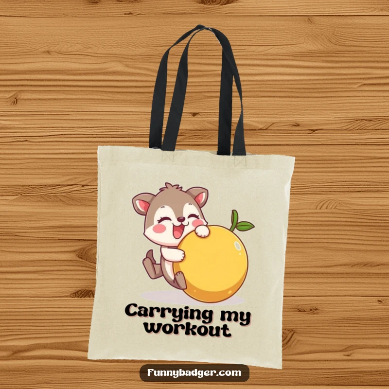Funny Tote Bag showcasing a cheerful animal character comically tumbling with a large, wobbly fruit, great for carrying essentials with humor.