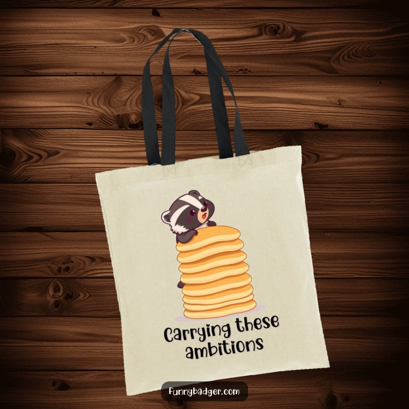 Funny tote bag featuring a determined badger climbing a ridiculously tall stack of pancakes, ideal for carrying groceries or daily items.