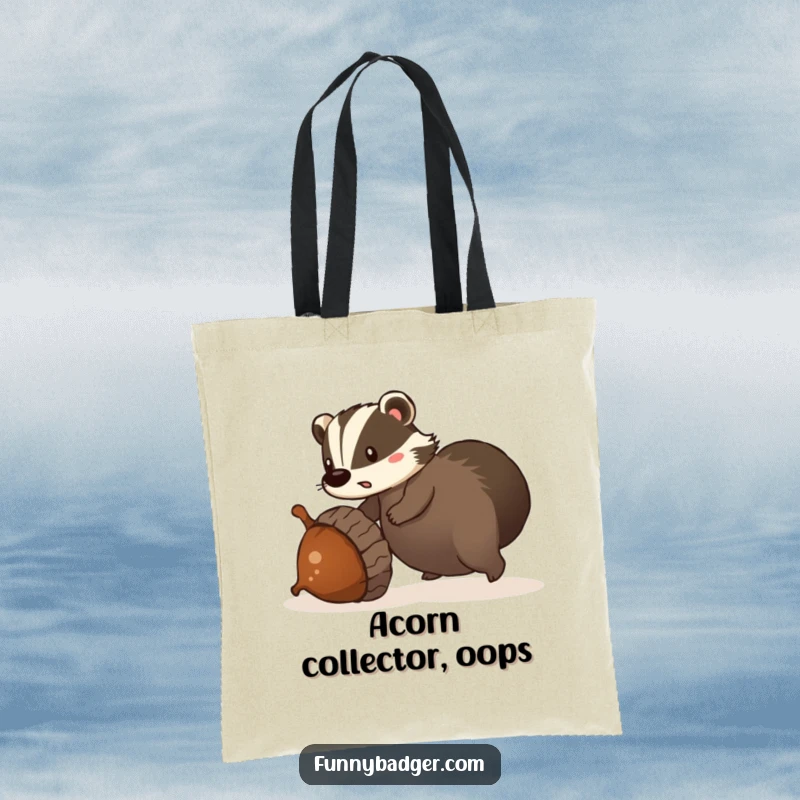 Funny tote bag featuring a surprised badger tripping over a giant, rolling acorn, ideal for carrying groceries or daily items.