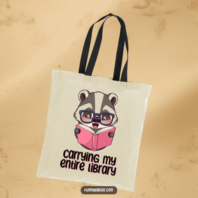 Funny tote bag displaying a badger with glasses reading a book upside down, ideal for carrying groceries or books.