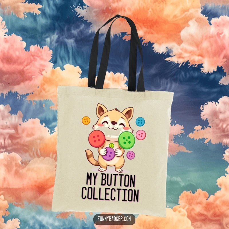 Funny Tote Bag showcasing a curious animal character juggling brightly colored, oversized buttons, great for carrying essentials with flair.